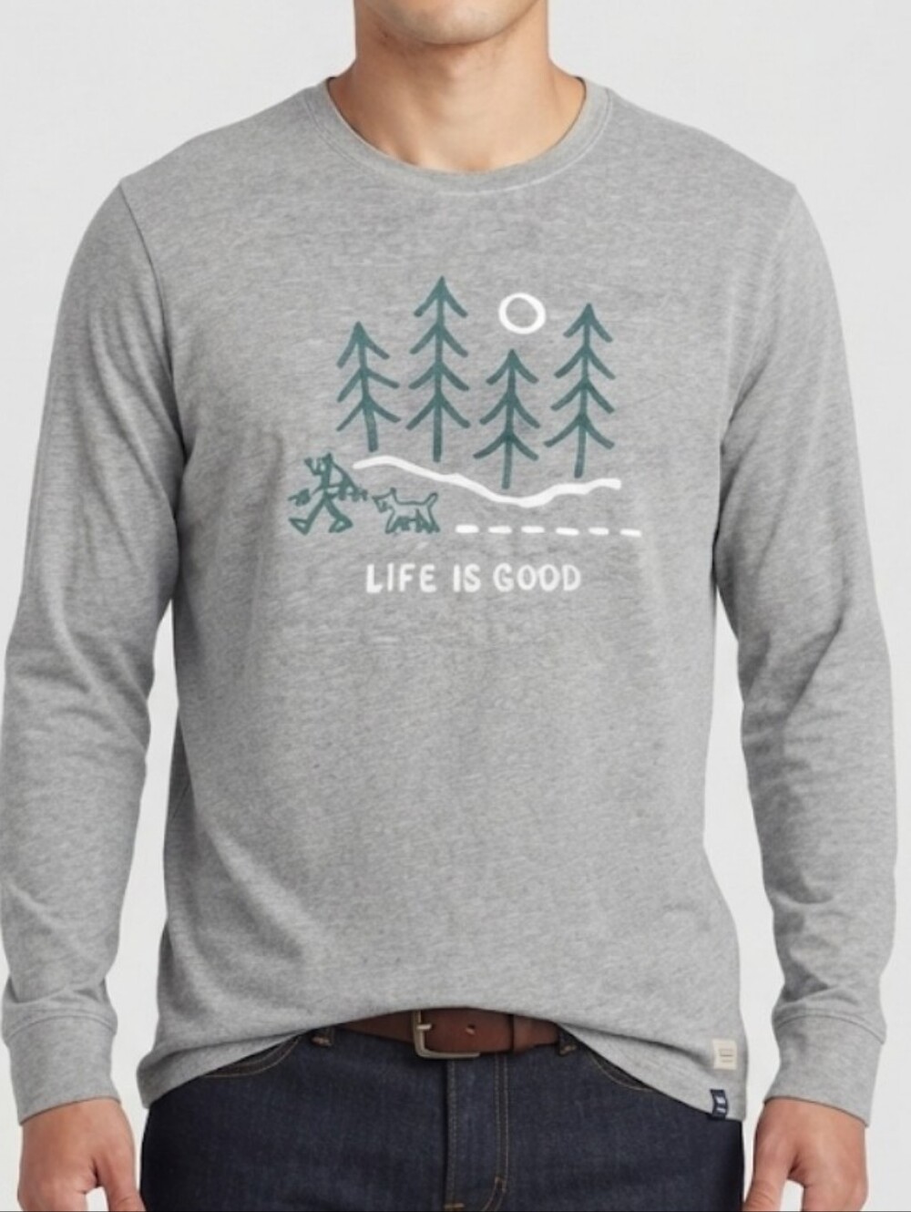 Life Is Good Men's Crusher Tee Gray Hiking Dog Long Sleeve Graphic Shirt Large